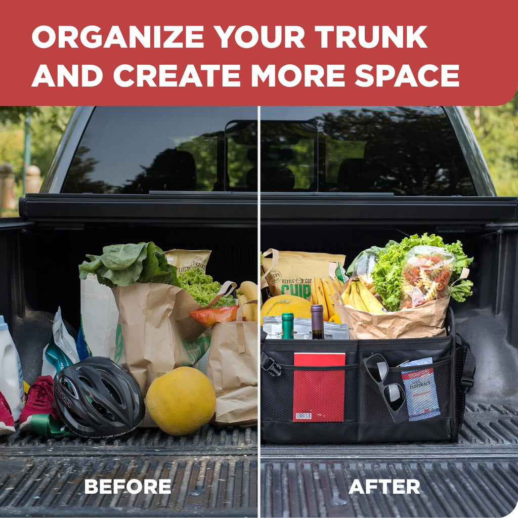 TRUNKCRATEPRO Extra Large Multi Compartments Collapsible Portable Trunk Organizer with Metal Hooks, Recommended for Really Large Loads Black Extra Large
