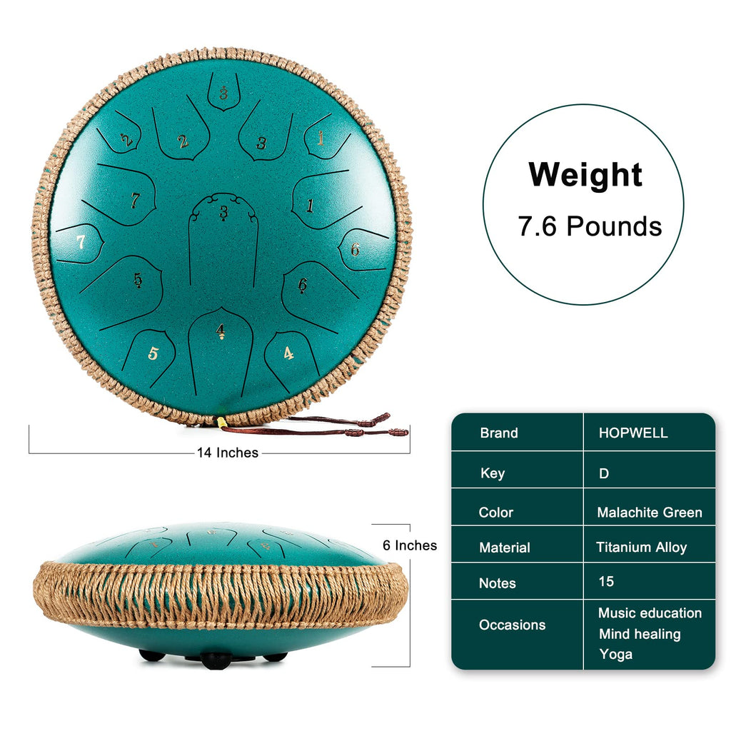 Steel Tongue Drum - HOPWELL 15 Note 14 Inch - Percussion Instrument - Hand Pan Drums with Music Book, Drum Mallets and Carry Bag, D Major, Malachite Green