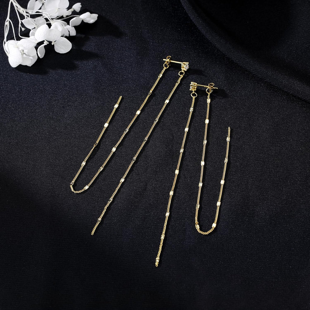 SLUYNZ Solid 925 Sterling Silver 6.3inch Long Chain Earrings Dangle for Women Teen Girls Line Dangle Earrings Chain Backs (B-Gold Plated)