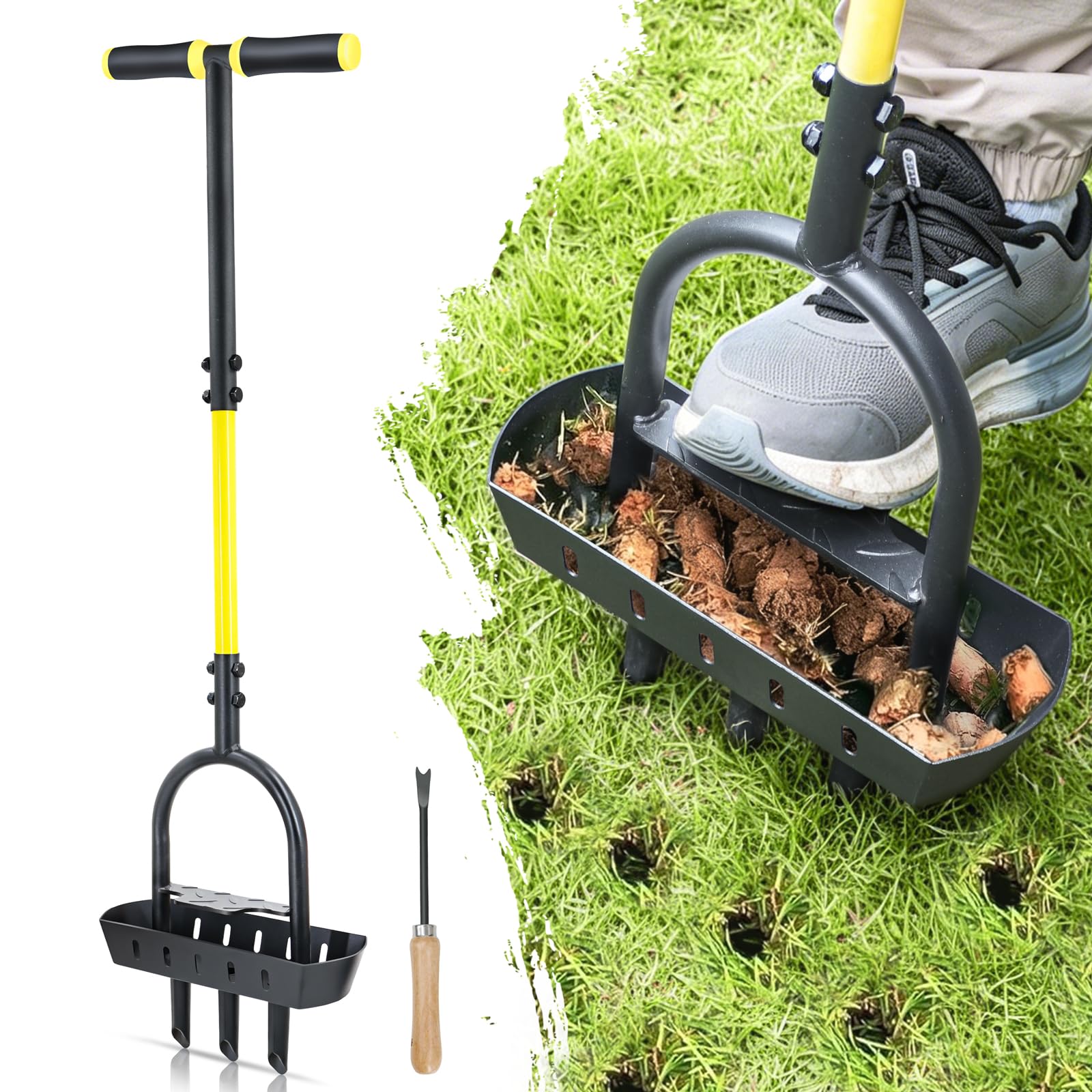 Jardineer Lawn Aerator Coring Tool with Soil Core Tray, Core Aerator with 4" Deep Plugs and Wider Foot Pedal, Manual Grass Plug Aeration Tool for Compacted Soil, Improving Lawn Health
