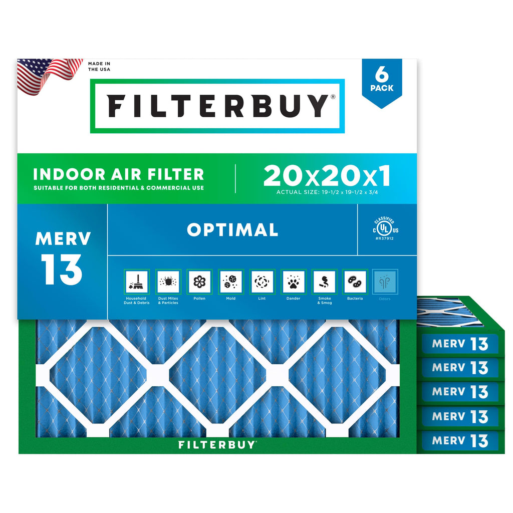 Filterbuy 20x20x1 Air Filter MERV 13 Optimal Smoke & Allergy Defense (6-Pack), Electrostatic Pleated HVAC AC Furnace Filters Replacement, Made in USA (Actual Size: 19.50 x 19.50 x 0.75)