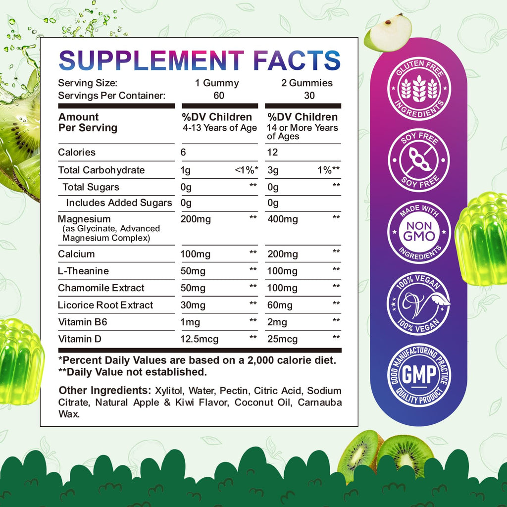 Center-Filled Kids Magnesium Gummies - Magnesium Glycinate Gummies for Kids & Adults with L-Theanine, Chamomile, Licorice, Vitamin D, B6 for Sleep, Relaxation, Brain & Muscle - Sugar Free Apple & Kiwi
