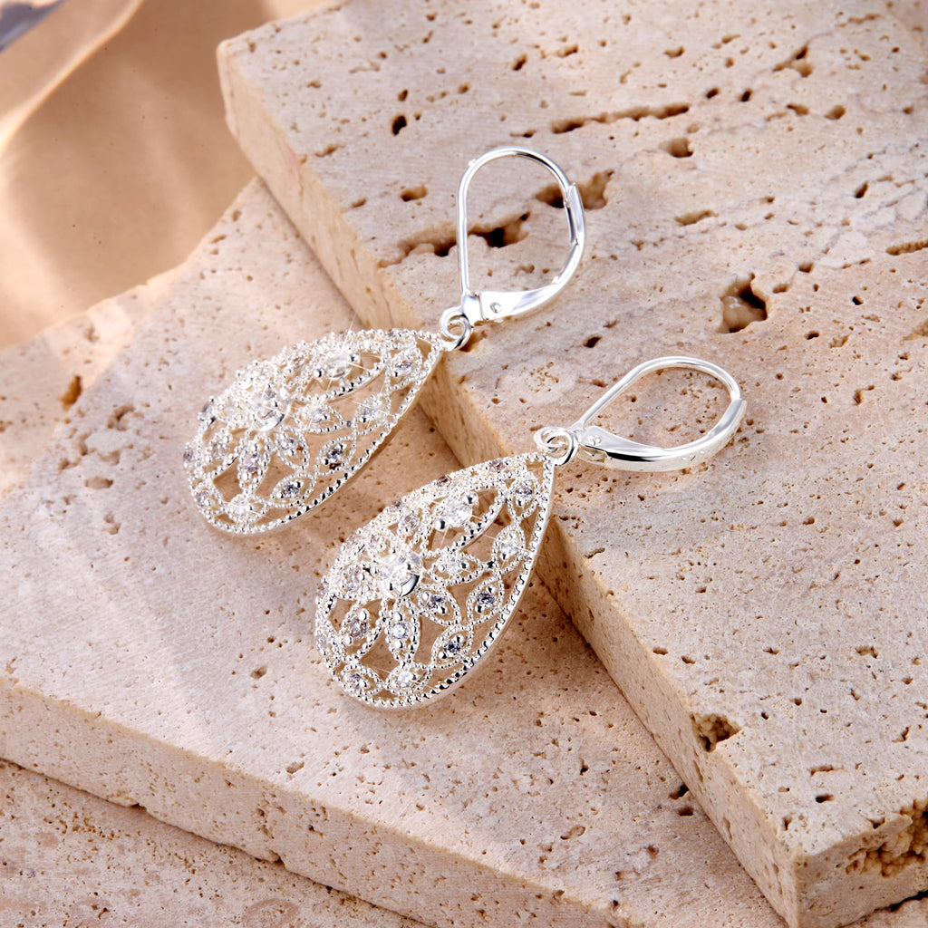Silver Teardrop Filigree Dangle Earrings Drop Earrings for Women Trendy