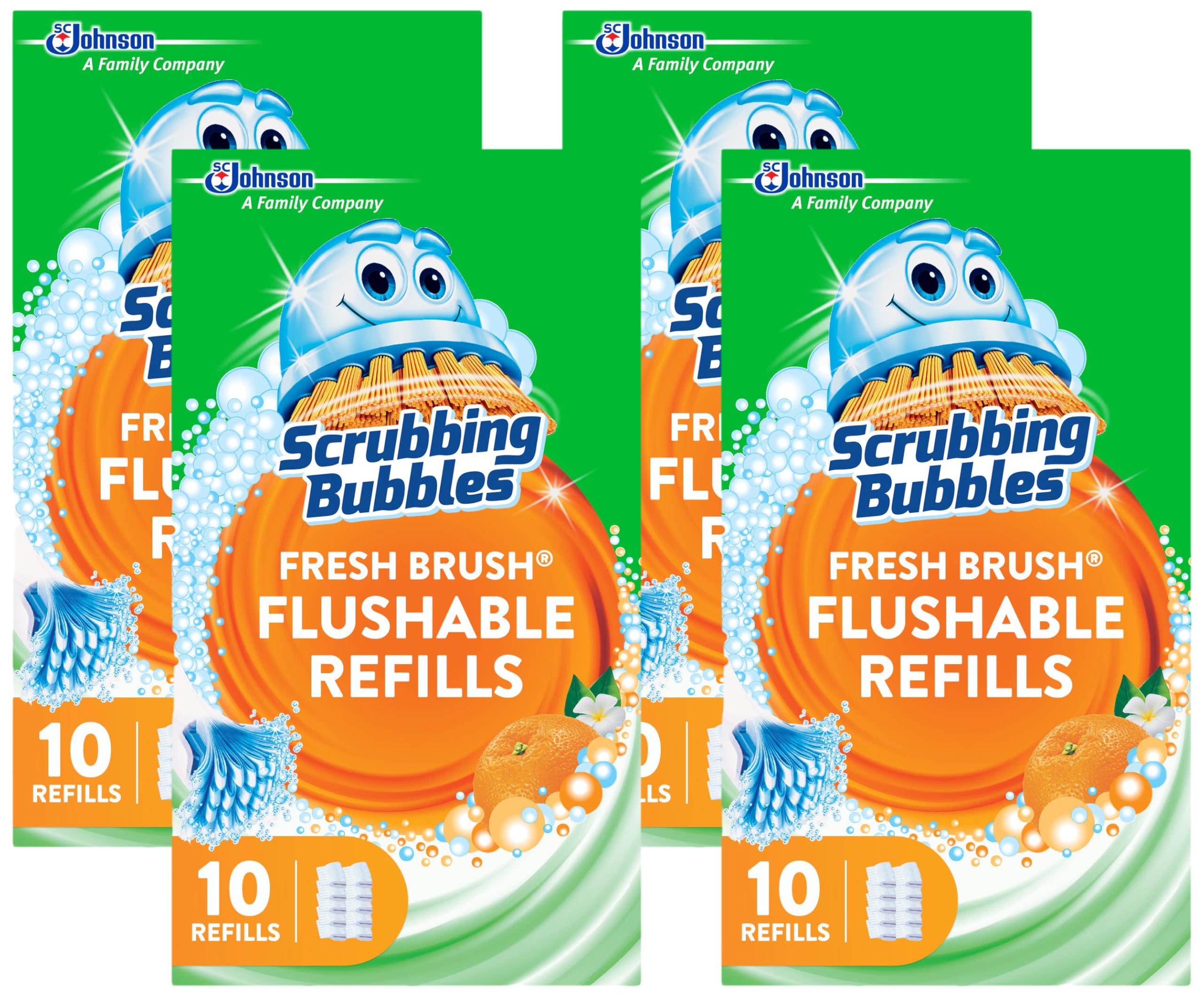 Scrubbing Bubbles Flushable Toilet Wand Refills, Fresh Brush Toilet Cleaner Refill Pads, Cleans Limescale & Fights Odors, Citrus Scent, 10 Count, Pack of 4