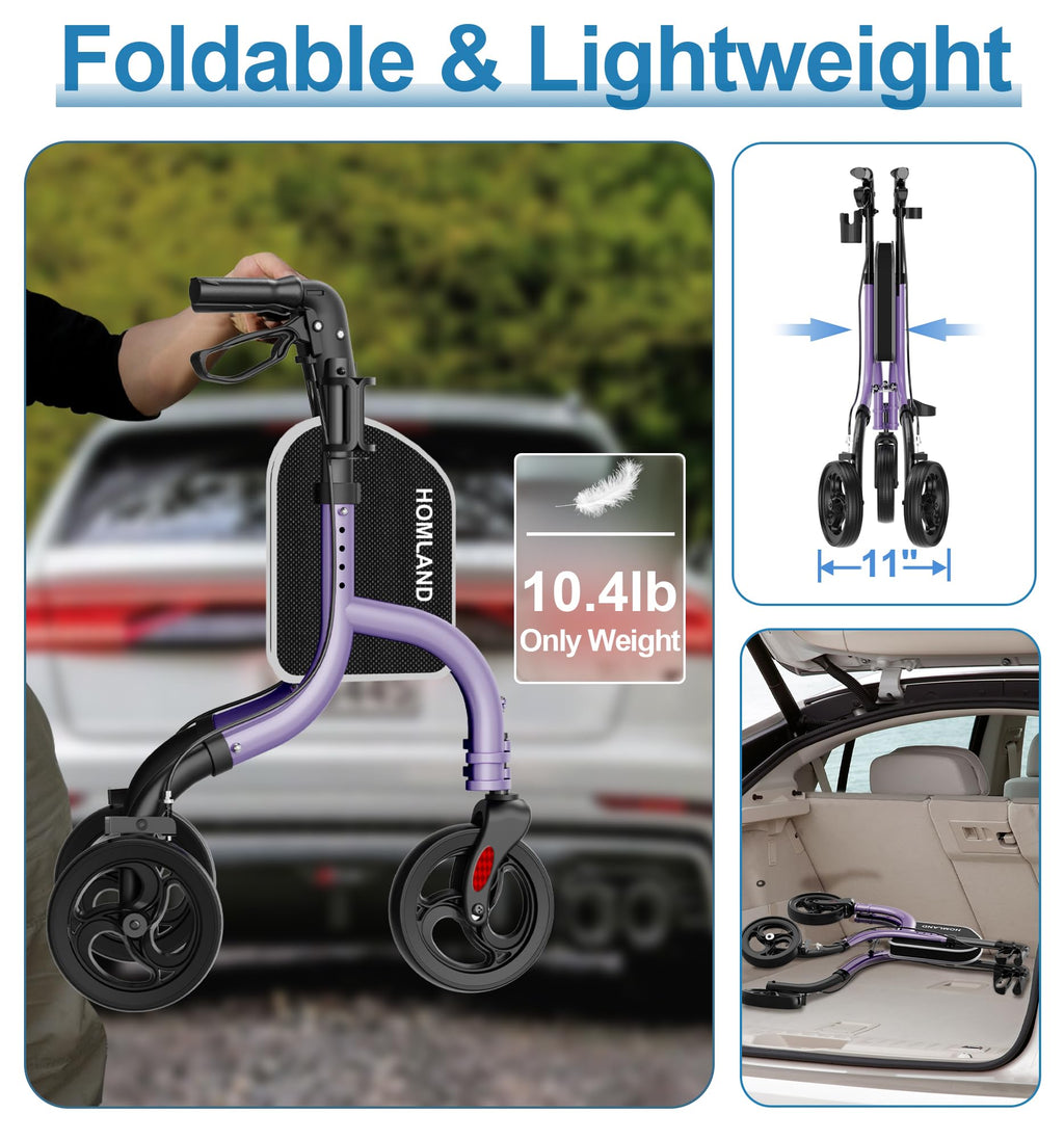 HOMLAND 3 Wheel Walkers for Seniors, Foldable Wheeled Rollator with Cane Hold and Cup Hold, Lightweight Three Wheel Rolling Walker Height Adjustable for Seniors