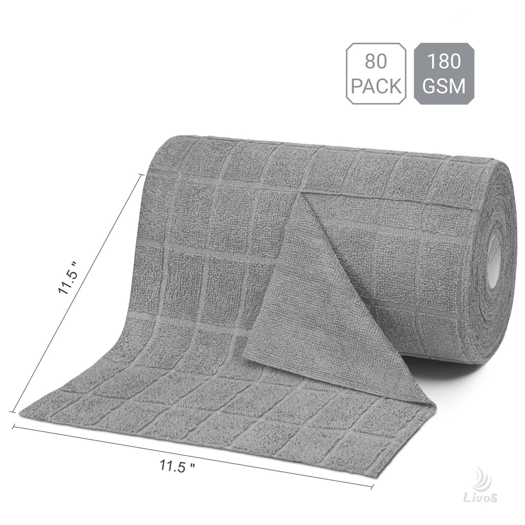 LIVOS Microfiber Cleaning Cloth Roll - 80 Pack, Reusable Paper Towels, Microfiber Towels for Cars, Super Absorbent Lint Free Cleaning Rags for House, Kitchen, Window-Check Grey, 11.5"x11.5"