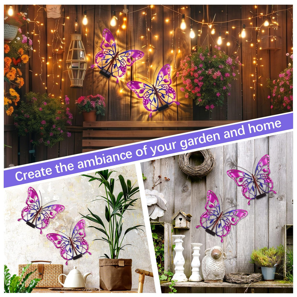 2 Pack Solar Butterfly Lights LED 9.8" Metal Butterfly Outdoor Wall Decor