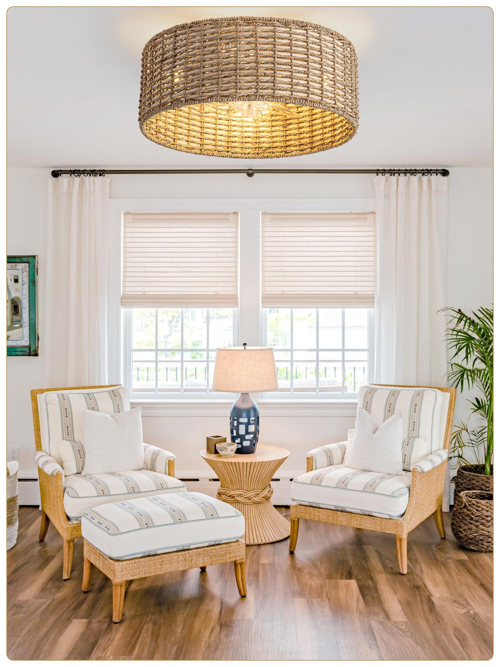 DARYEWO Handwoven Boho Rattan Ceiling Fan with Light,Flush Mount Caged Ceiling Fans with Lights and Remote Control,Low Profile Enclosed 6 Speeds Fandelier for Bedroom Living Dining Room,4-Light