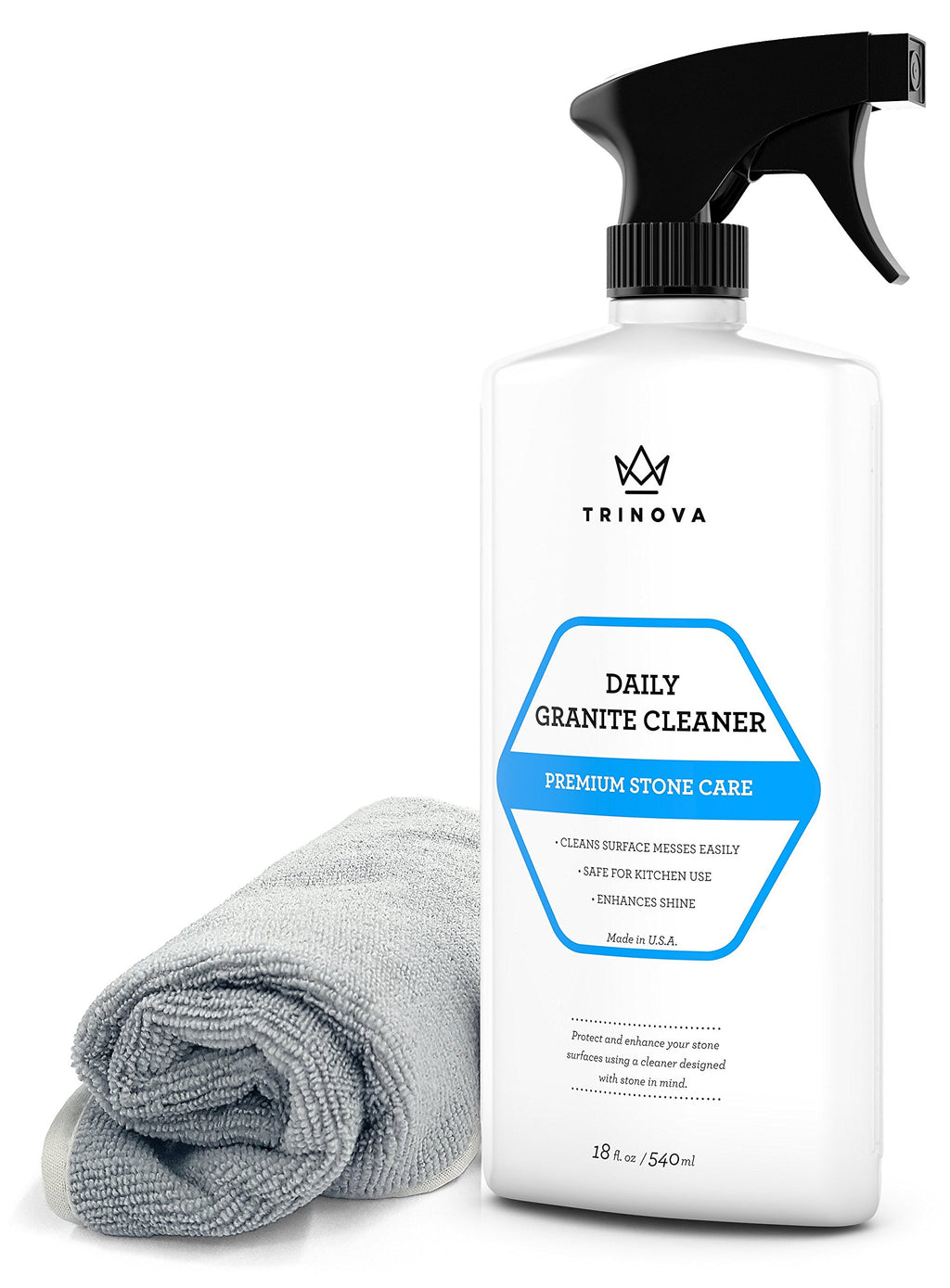 TriNova Granite Cleaner & Polish for Daily Use - Made in USA, Enhances Shine, Streak-Less - for Counter-Tops, Marble, Stone, Bathroom Tile Kitchen, & Islands - 18 fl oz