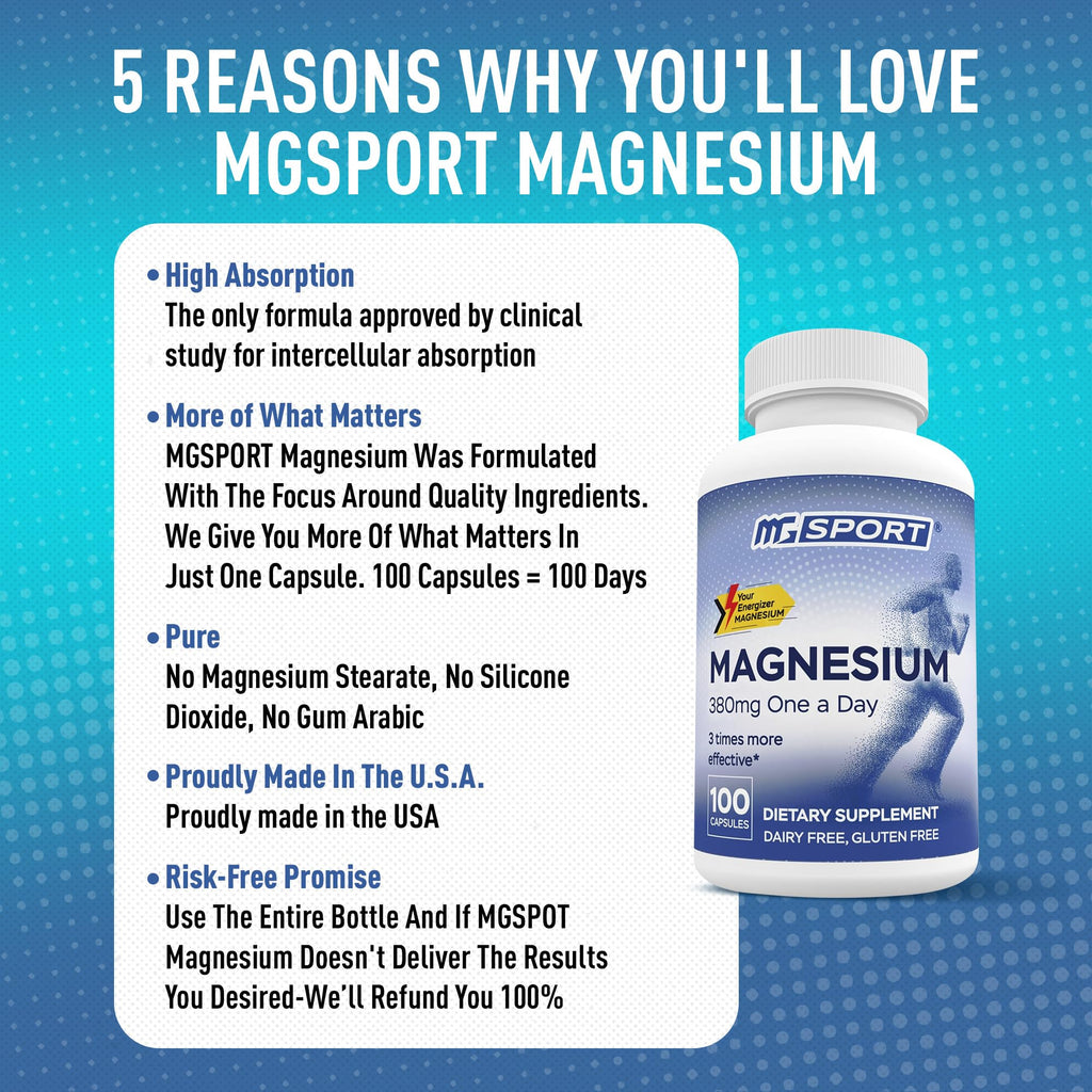 MGSPORT Magnesium Supplement 380mg - High Absorption Magnesium Complex Formula with Vitamins B6, D, E - Supports Muscle Function and Sleep Quality - 100 Servings