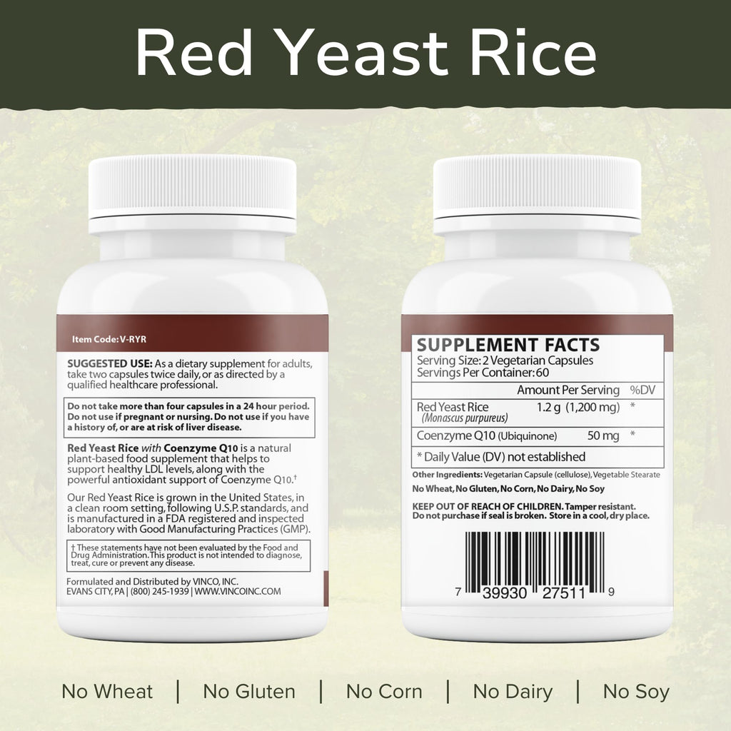 Vinco Inc– Red Yeast Rice with Coenzyme Q10 Dietary Supplement | (120 Capsules) | Supports Healthy Cholesterol, Heart Function & Circulation | Grown in the USA | Gluten Free