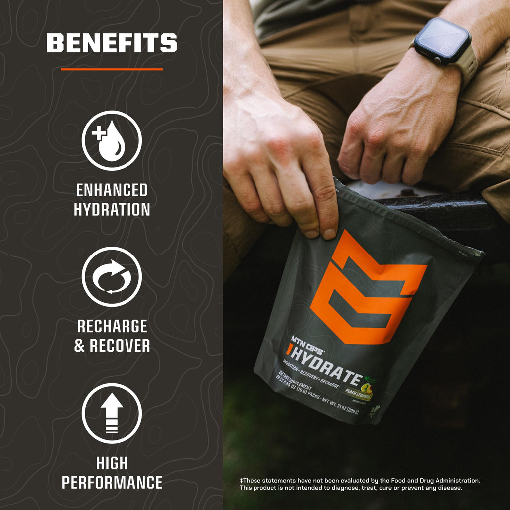 MTN OPS Hydrate Low Sugar Electrolyte Powder Drink Mix with 1g D-Ribose Sugar, Naturally Sweetened with Monk Fruit, On-The-Go Packs, 20 Stick Packs, Peach Lemonade