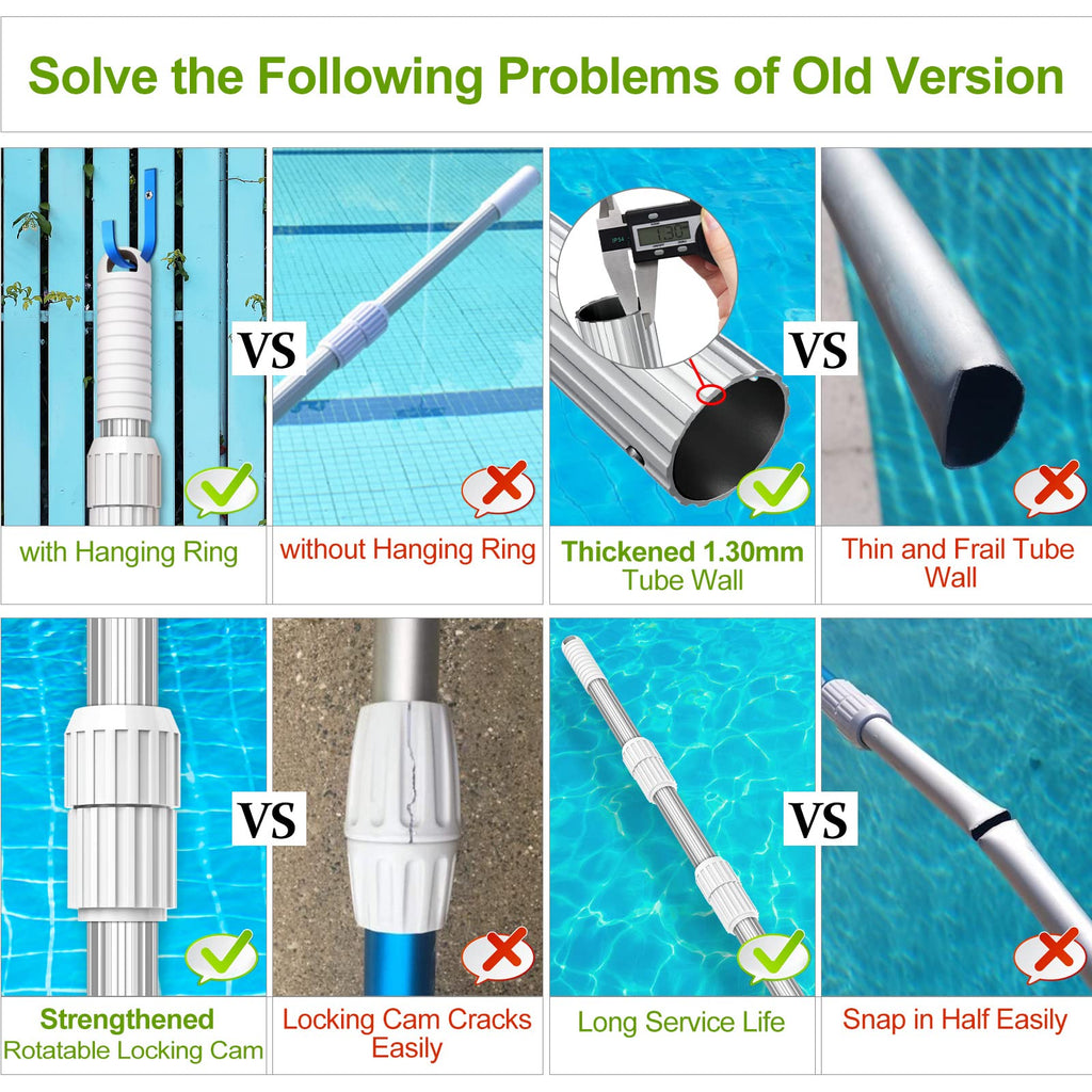 Upgraded Pool Pole 16.5 Foot Telescopic Swimming Pool Poles,Adjustable Telescopic Pool Cleaning Pole,Professional Pole for Skimmer Net,Rake,Brush,Vacuum Head,Heavy Duty Aluminum Thicken 1.3mm Pole