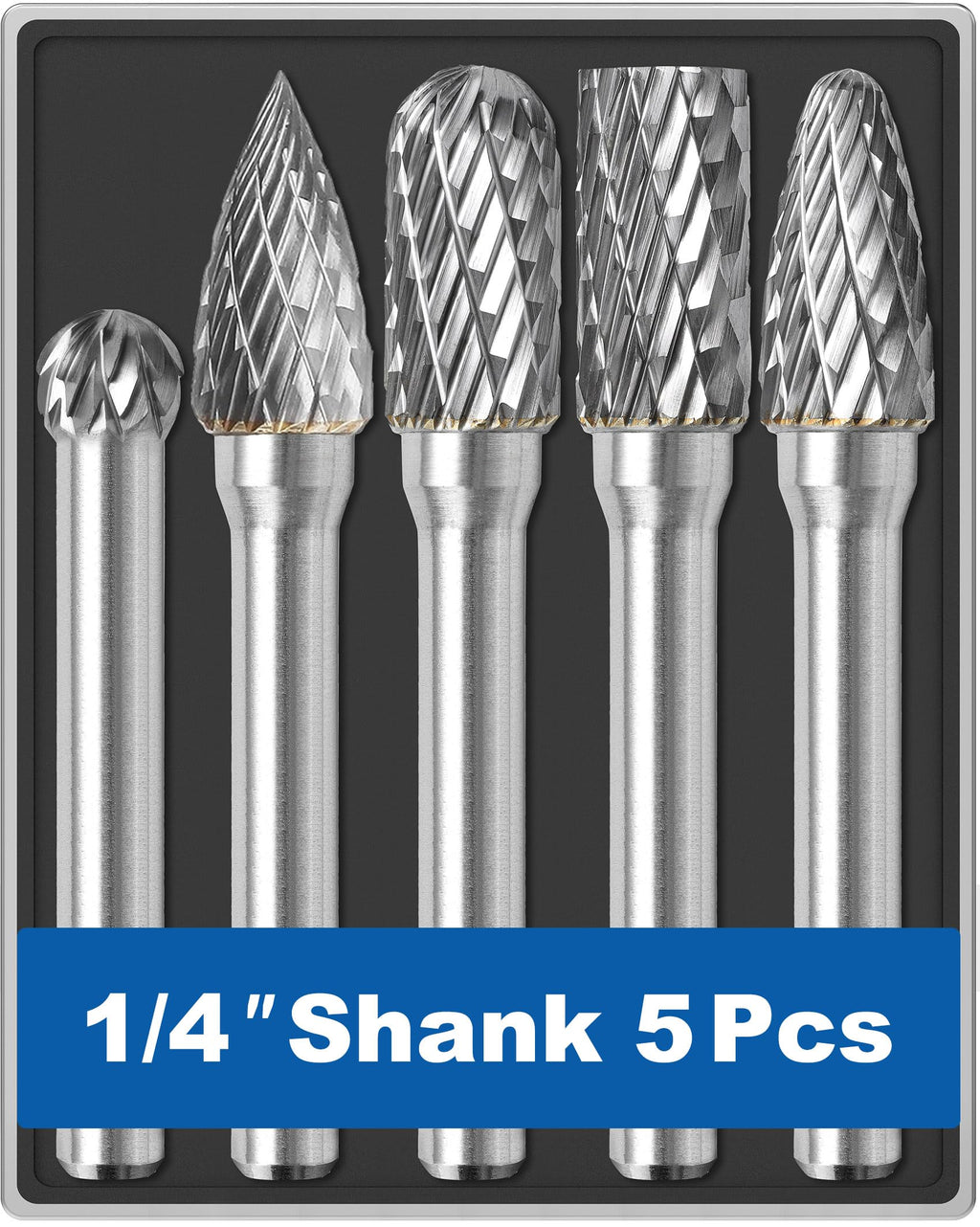Sworker 5Pcs Carbide Burr Set 1/4 Shank w/Clear Box Head Dia 8mm Die Grinder Bits Rotary Tools Attachment Kit Rasp File Accessories Metal Wood Stone Steel Grinding Deburring Cutting Porting Carving