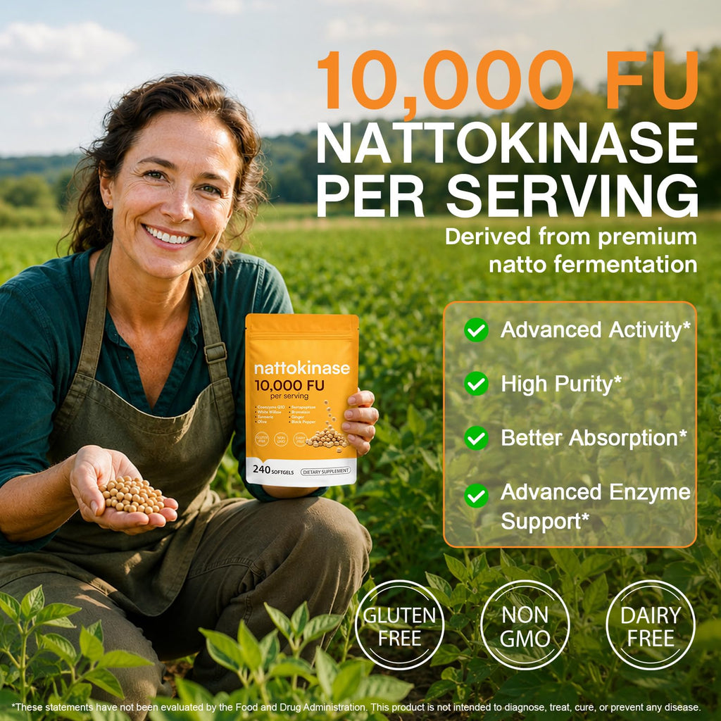 AIQIUSHA Nattokinase 10,000 FU with Serrapeptase, Bromelain & CoQ10, Triple Enzyme Complex from Fermented Soy Extract, Herbal Blend with Turmeric & Olive Leaf, Enteric Softgels, Non-GMO, 240 Count