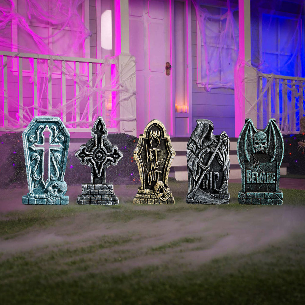 JOYIN 17” Halloween Decorations Outdoor Tombstones, 5 Pack Halloween Foam Graveyard Headstone Decorations with 12 Bonus Metal Stakes for Yard Lawn Outside Decor
