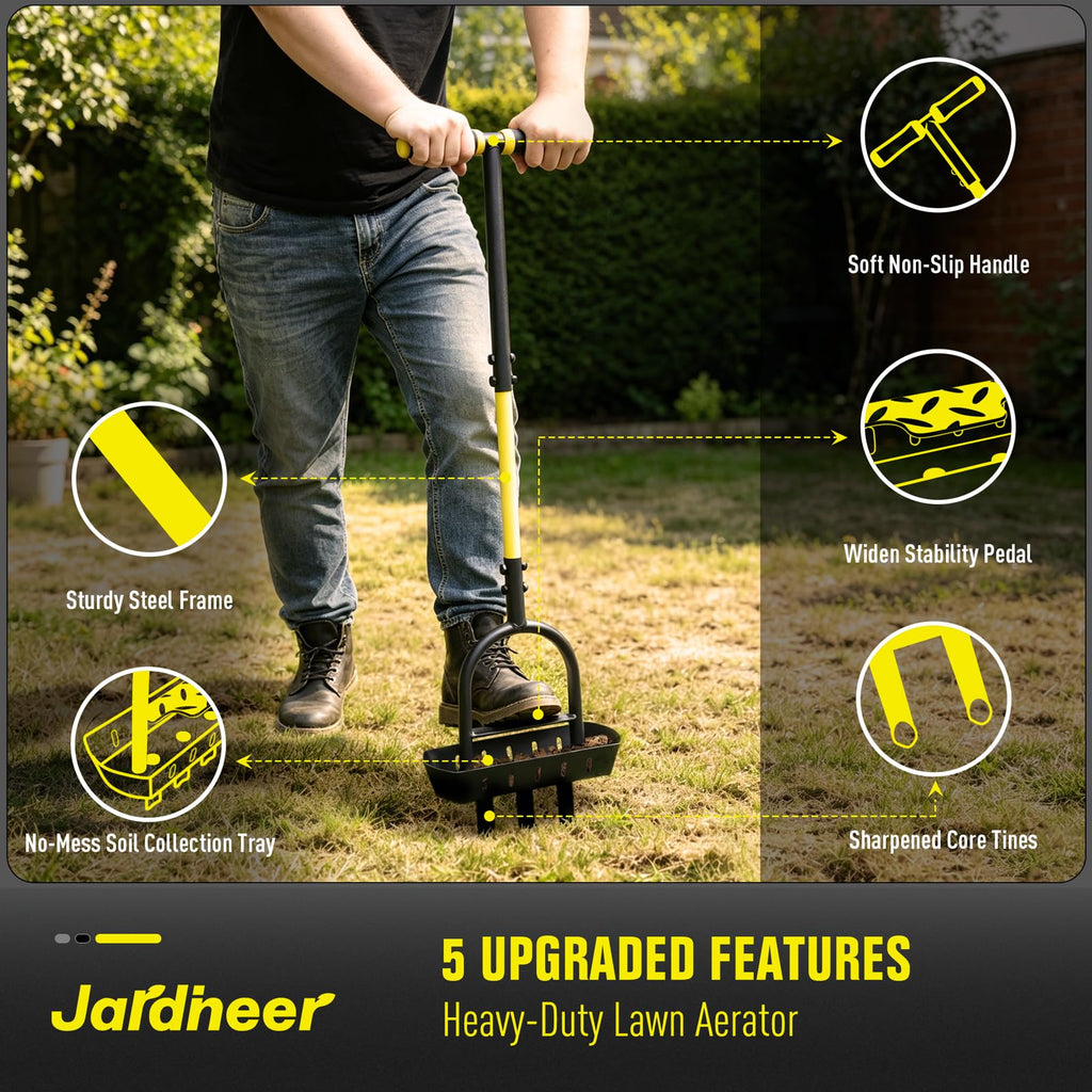 Jardineer Lawn Aerator Coring Tool with Soil Core Tray, Core Aerator with 4" Deep Plugs and Wider Foot Pedal, Manual Grass Plug Aeration Tool for Compacted Soil, Improving Lawn Health