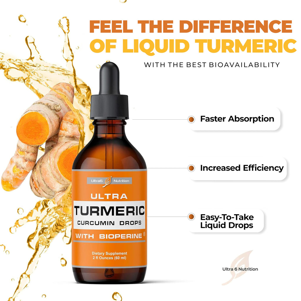 Ultra6 Nutrition Liquid Turmeric Curcumin Extract with Black Pepper - Turmeric Drops with Bioperine - Easy-to-Take Supplements Made in USA (60ml)