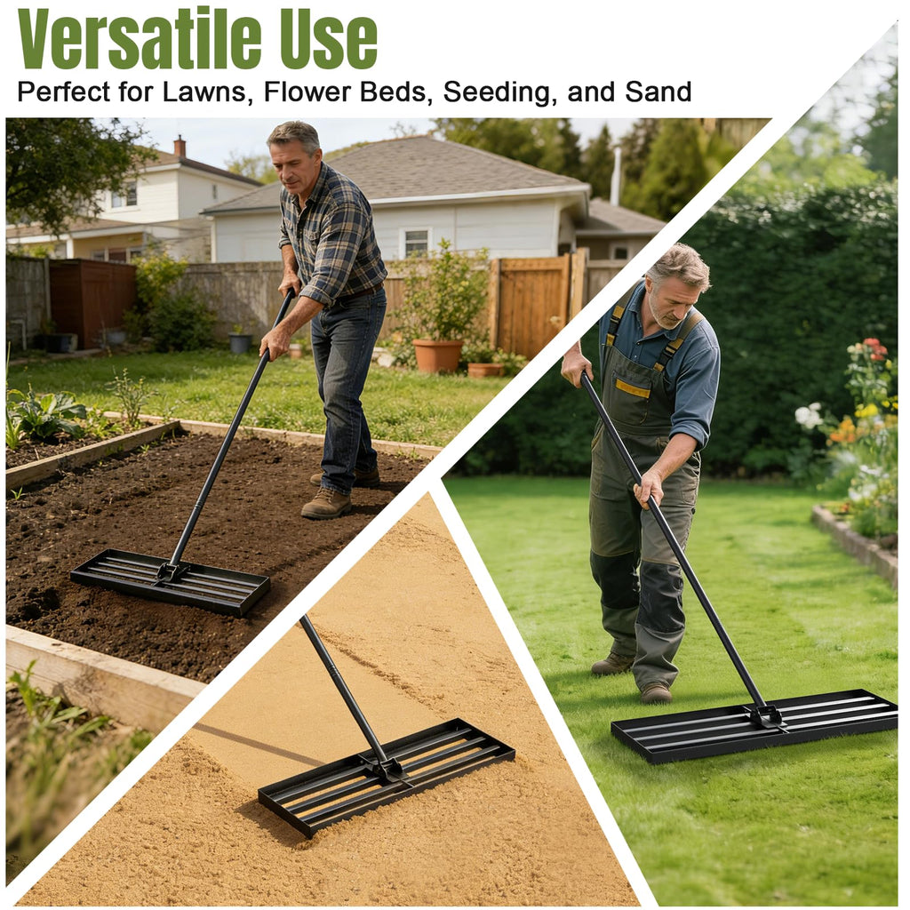 Strifuture Lawn Leveling Rake 30x10 Inch - Adjustable 47-77 Inch Handle, 180° Rotating Head, Heavy-Duty Rust-Resistant Steel for Lawns, Golf Courses, Driveways