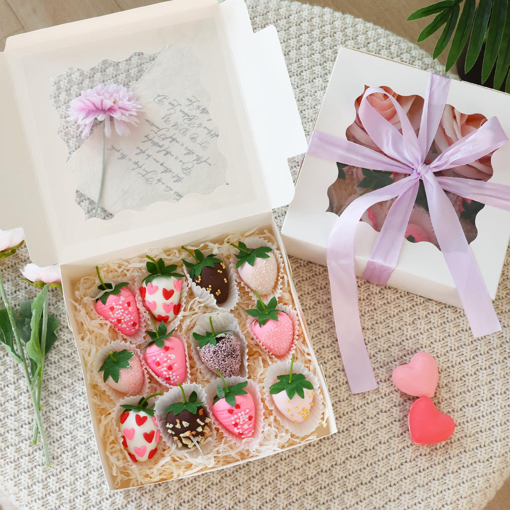 Moretoes 30pcs Bakery Boxes, 8x8x2.5 Cookie Boxes with Window, White Treat Containers for Donuts, Chocolate Strawberries, Pie, Birthday Party, Mother's Day, Weddings