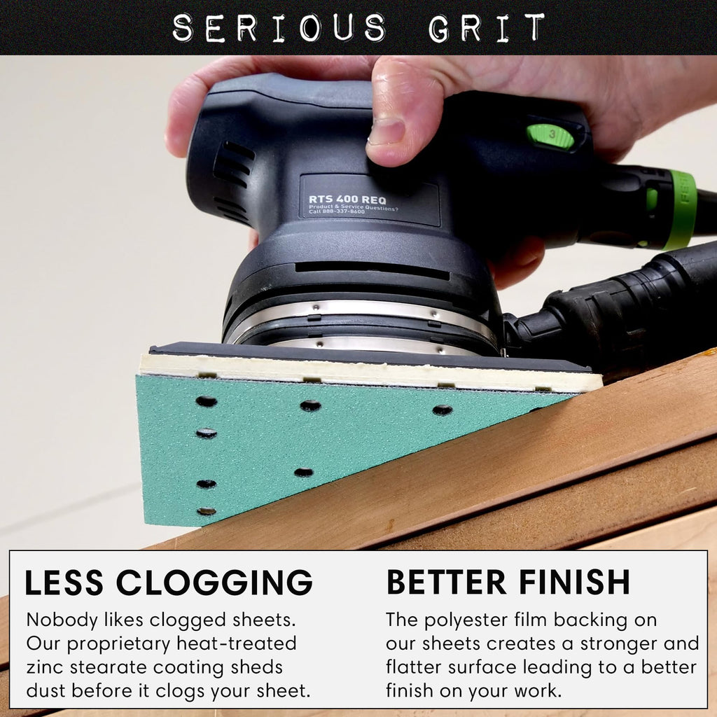 Serious Grit - 3" x 5" (80mm x 133mm) 14-Hole 220 Grit Sanding Sheets - Fits Festool RTS 400 & Mirka Deos 353 - Heavy-Duty Hook & Loop Film Abrasives - Sandpaper for Sheet Sanders - 50 Pack Box