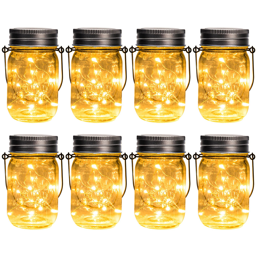GIGALUMI Solar Mason Jar Lights, 8 Pack 30 Led String Fairy Lights Garden Lights Outdoor Waterproof Hanging Solar Lanterns for Outdoor, Garden, Patio, Lawn, Balcony Decoration