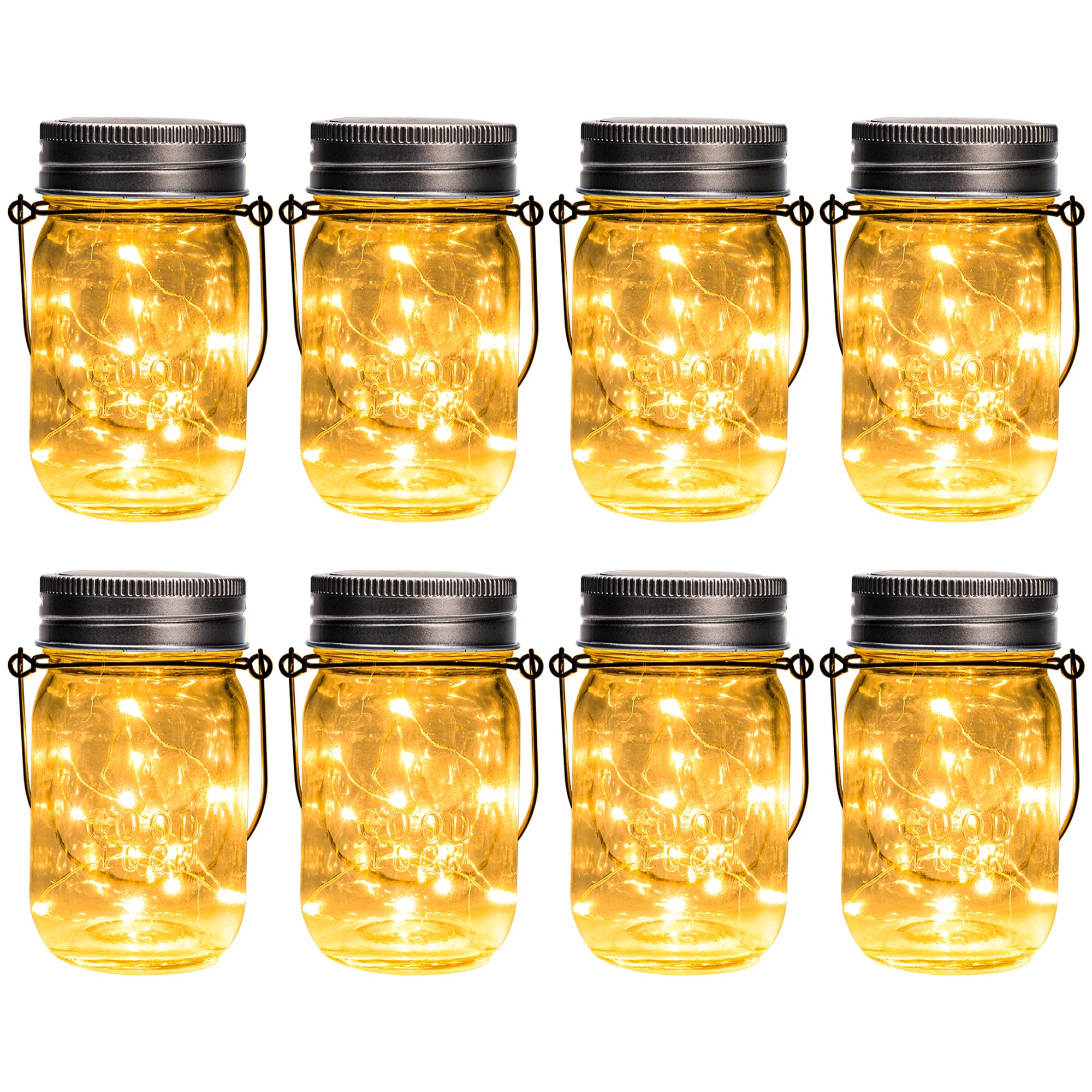 GIGALUMI Solar Mason Jar Lights, 8 Pack 30 Led String Fairy Lights Garden Lights Outdoor Waterproof Hanging Solar Lanterns for Outdoor, Garden, Patio, Lawn, Balcony Decoration