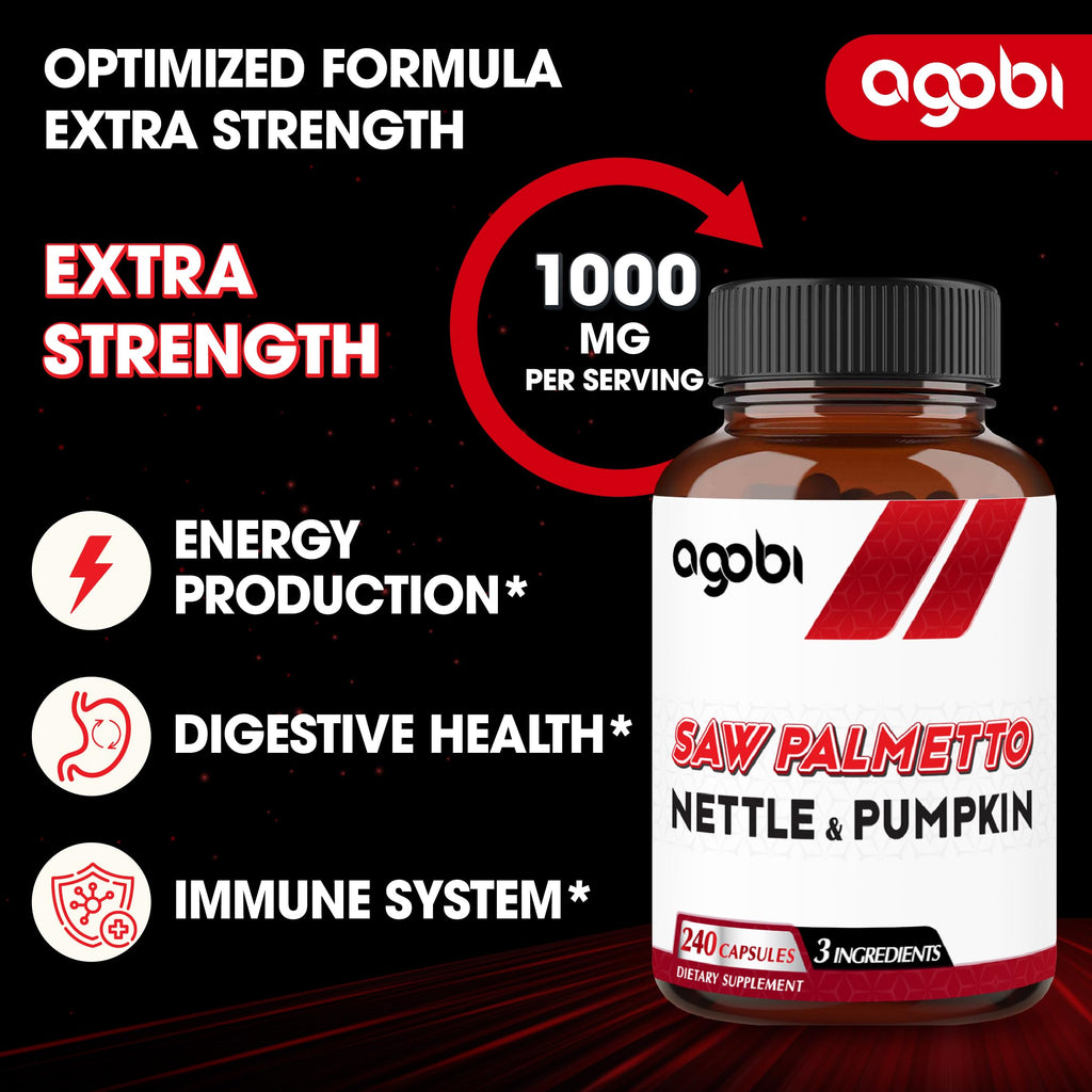 agobi Saw Palmetto Supplement with Nettle Leaf & Pumpkin - Support for Restful Mood, Hair Health, Immune System & Energy Production - 240 Veggie Capsules for 4-Month Suppply