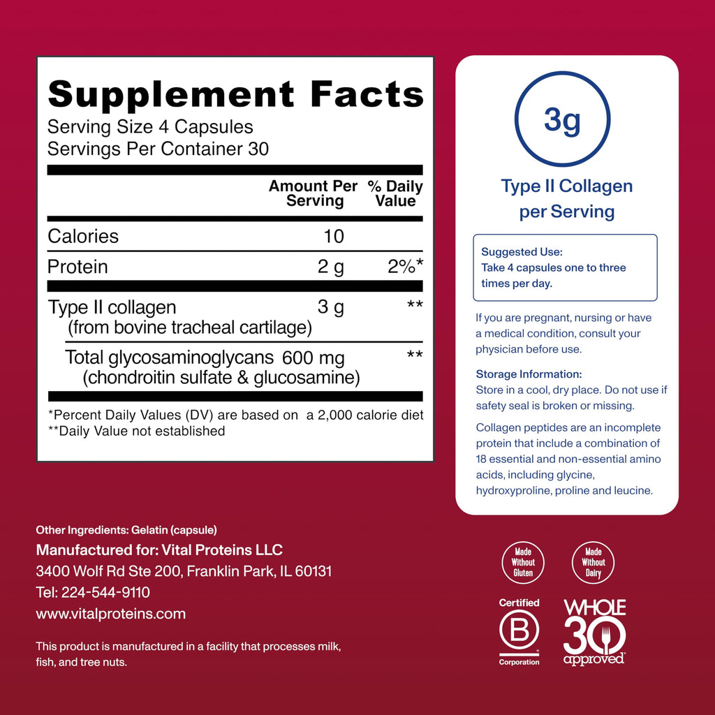 Vital Proteins Cartilage Collagen Pills, Type II Collagen & Chondroitin Sulfate Supplement for Recovery & Healthy Hair, Skin, Nails and Joints - 750 mg Serving with 120 Capsules