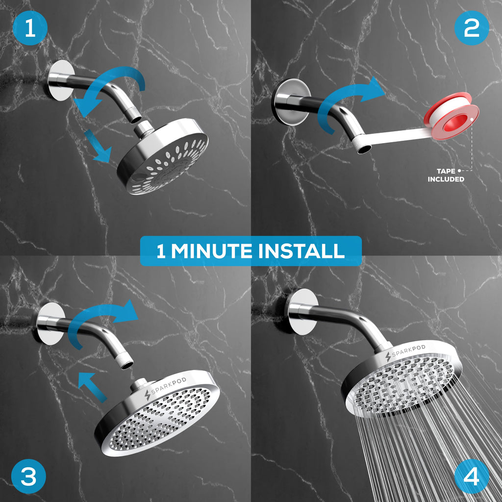 SparkPod Shower Head - High Pressure Rain - Premium Quality Luxury Design - Easy Clean Adjustable Replacement for Your Bathroom Shower Heads (Polished Chrome Finish, 6 Inch Round)