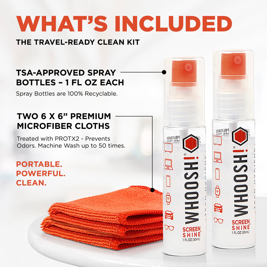 WHOOSH! Screen Shine Go 2-Pack – Two 1 fl oz Refillable Touchscreen Cleaners with Microfiber Cloths for Car, iPad, Laptop and Eyeglasses – Powerful Streak-Free Cleaning – Pocket-Sized, TSA-Approved