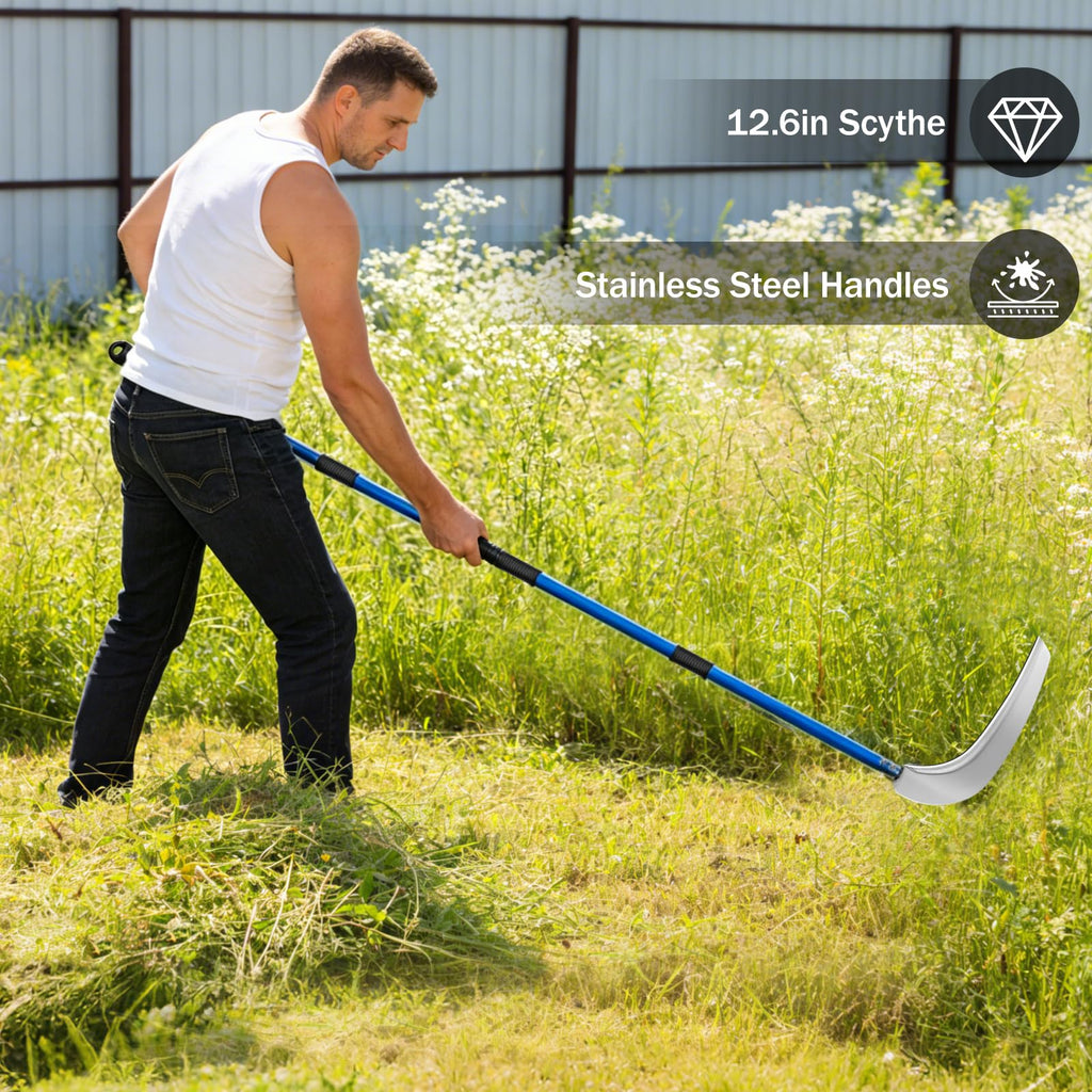 12.6'' Scythe Tool for Grass Cutting, 4 Stainless Steel Poles, Adjustable Dual-Hand Grip, Professional-Grade Blade, for Clearing Bushes, Vines, Fields, Ditches, Paths, Landscaping, Blue, 67in.