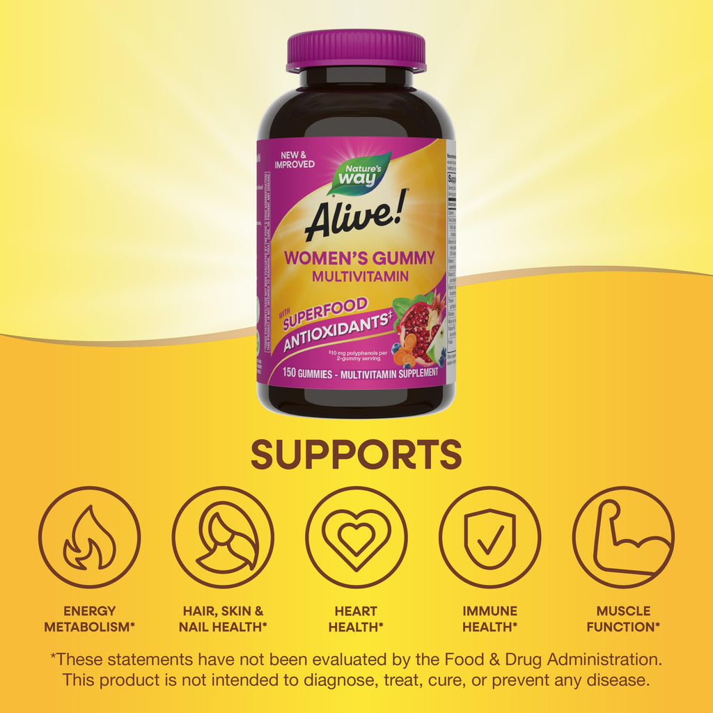 Nature's Way Alive! Women's Daily Gummy Multivitamins, 16 Vitamins & Minerals, Energy Metabolism*, Hair Skin & Nails*, Vegetarian, Mixed Berry Flavored, 150 Gummies (Packaging May Vary)