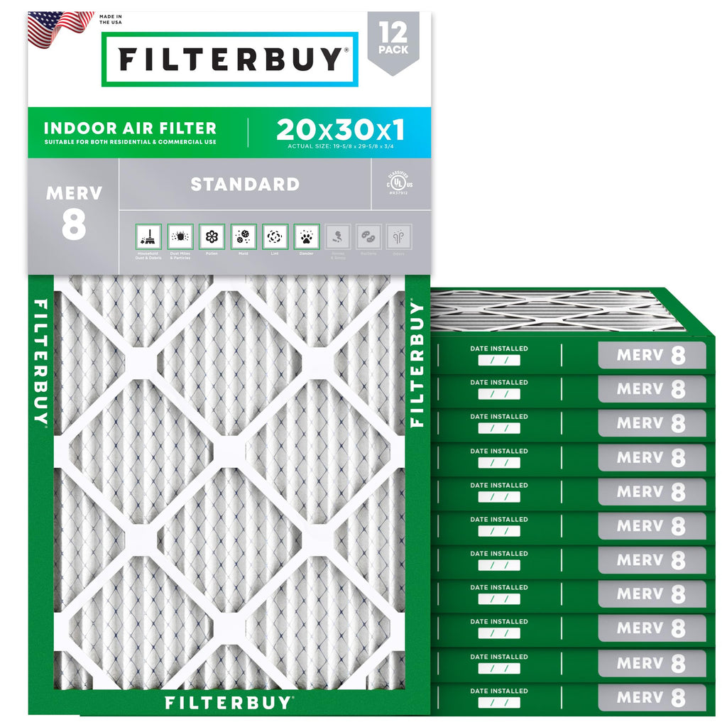 Filterbuy 20x30x1 Air Filter MERV 8 Essential Dust & Allergy Defense (12-Pack), Electrostatic Pleated HVAC AC Furnace Filters Replacement, Made in USA (Actual Size: 19.63 x 29.63 x 0.75)