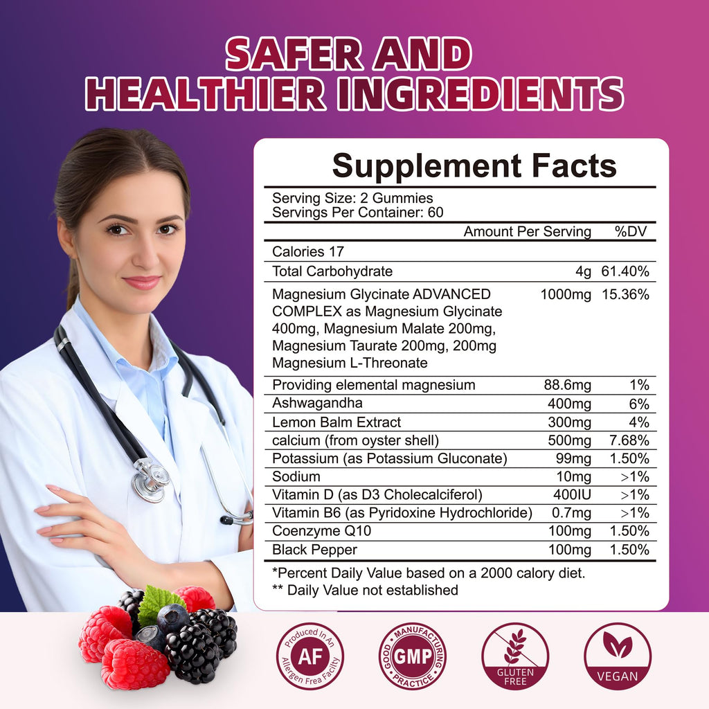 120 CT Magnesium Glycinate Gummies 1000 mg for Women and Men, Magnesium Malate & Taurate Supplements for Sleep, Body Support and Relaxation, Sugar Free, Vegan, Raspberry BlackBerry Blueberry Flavor