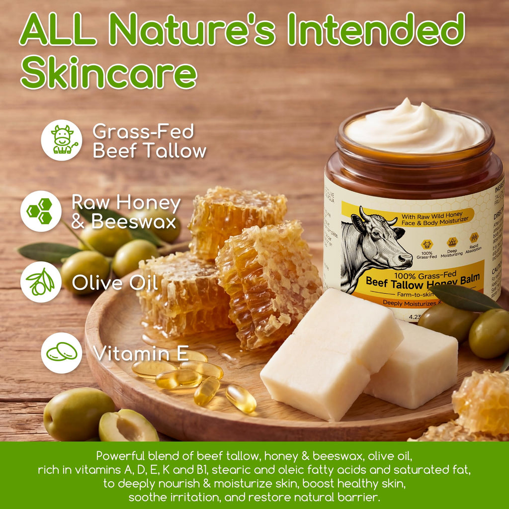 Beef Tallow for Skin & Face, Whipped Tallow and Honey Balm Cream, 100% Grass-Fed Beef Tallow Face Moisturizer with Raw Honey, All Natural Organic Body Lotion Skincare for Women & Men, Unscented 4.2 OZ