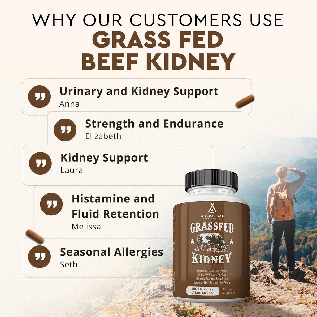 Ancestral Supplements Grass Fed Beef Kidney Supplement, 3000mg, DAO Enzyme Supplement, Kidney Support for Urinary and Histamine Health, Selenium, B12, Non GMO, 180 Capsules
