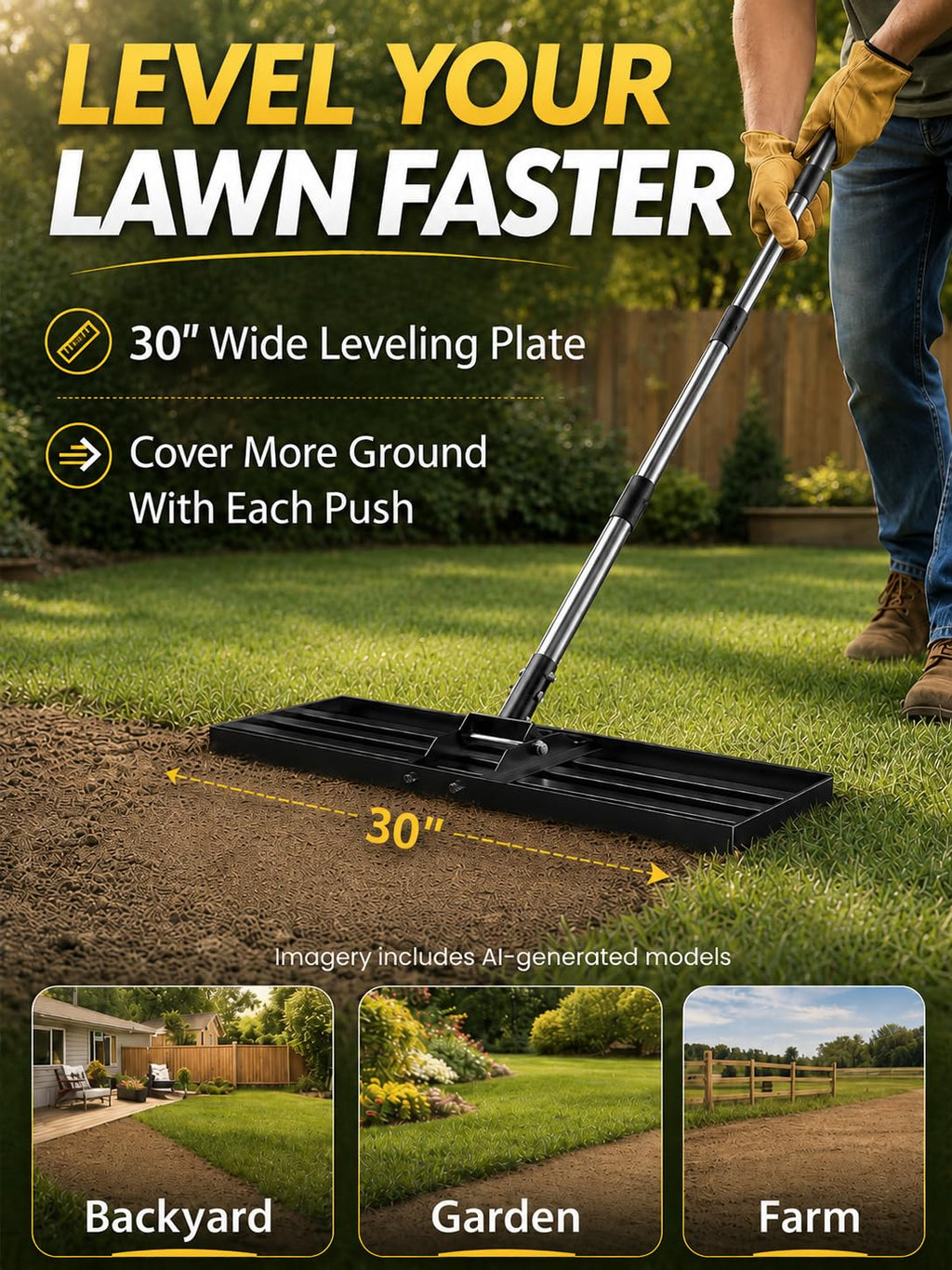 30x10 inch Lawn Leveling Rake, Yumatum 72" Heavy Duty Lawn Leveler Tool, Stainless Steel Handle Lawn Leveler for Yard Golf Pasture Garden, Professional Lawn Care Landscape Rake