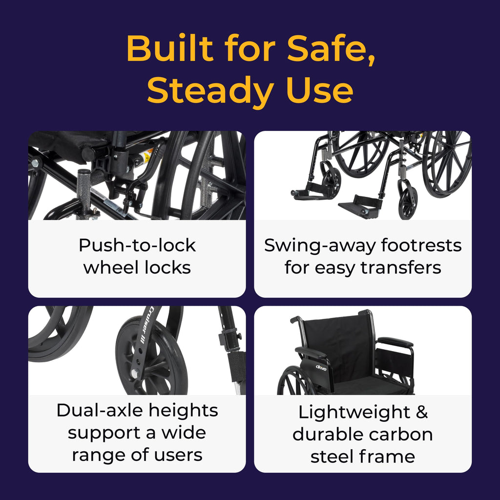 Drive Medical Cruiser III Lightweight Wheelchair - Enhanced Mobility Support - Adjustable Seat & Arm Options - Durable Carbon Steel Construction - Smooth-Rolling Mag Wheels - 20 Inch Seat