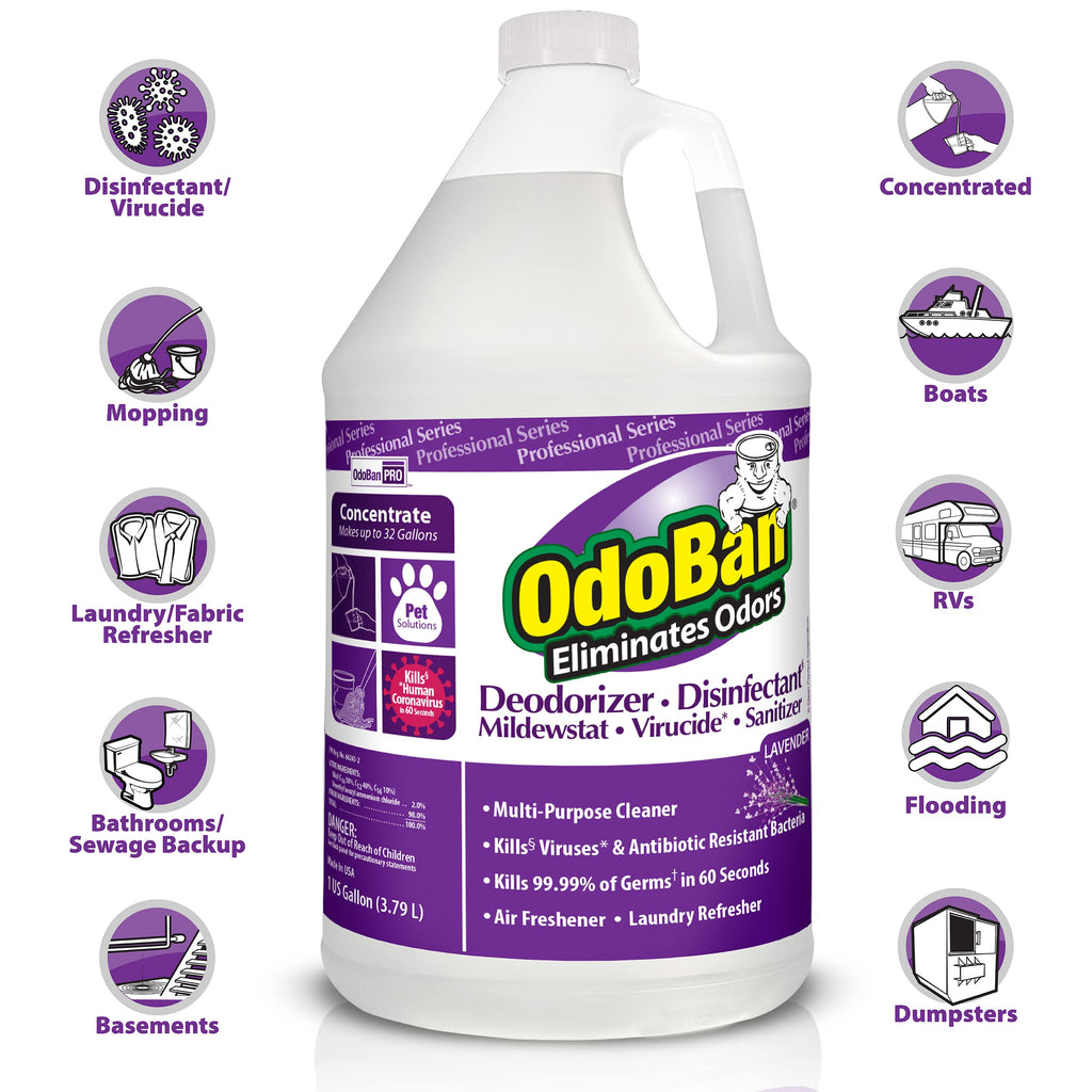 OdoBan Professional Disinfectant and Odor Eliminator Concentrate, Made in the USA, Lavender Scent, 4-Pack, 1 Gallon Each