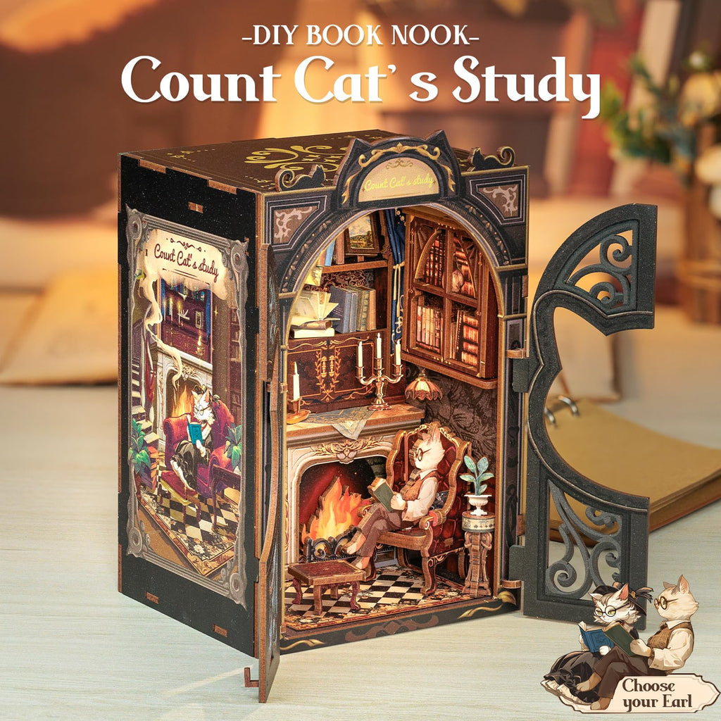 Cutefun Book Nook Kit - DIY Miniature House Kit for Bookshelf Decor, Book Nook Kits for Adults & Beginners, 3D Wooden Puzzle Dollhouse, Ideal Gift for Family and Friends (Count Cat's Study)