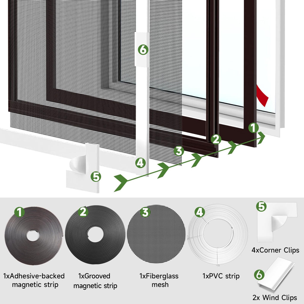 HOFUDON Adjustable Magnetic Window Screen Max 39" x 59", White Frame