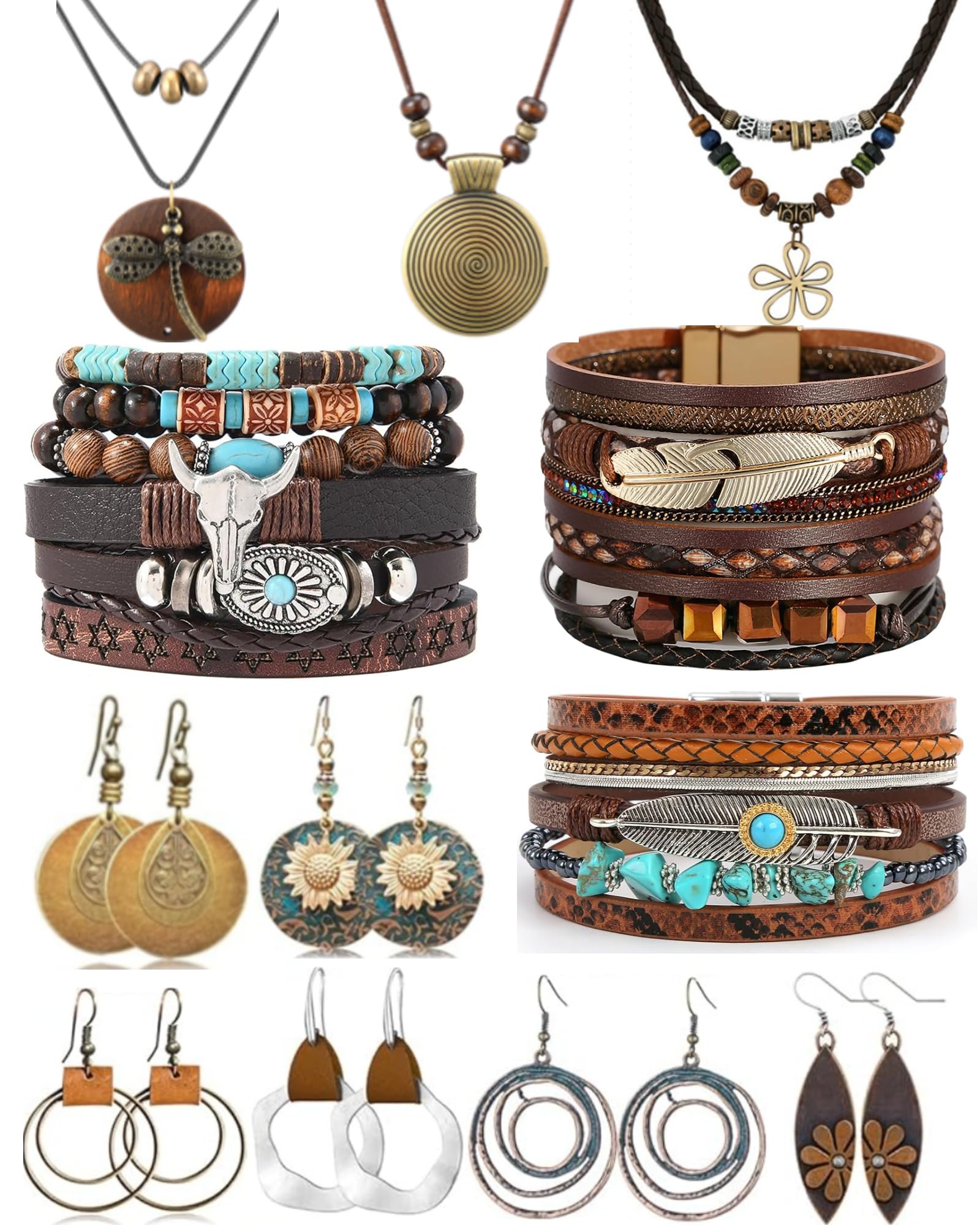 12 Pcs Boho Jewelry Set for Women Western Jewelry Long Pendant,Vintage