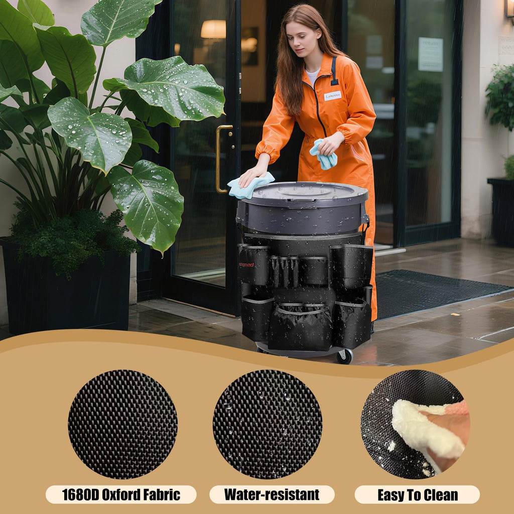 Hongmed Trash Can Caddy Bag: 1680D Fabric Heavy-Duty Cleaning Caddy with Adjustable Buckle fits 32-55 gal Trash Can, Multi-Pockets Cleaning Tool Organizer for House Cleaners & Janitorial Duties