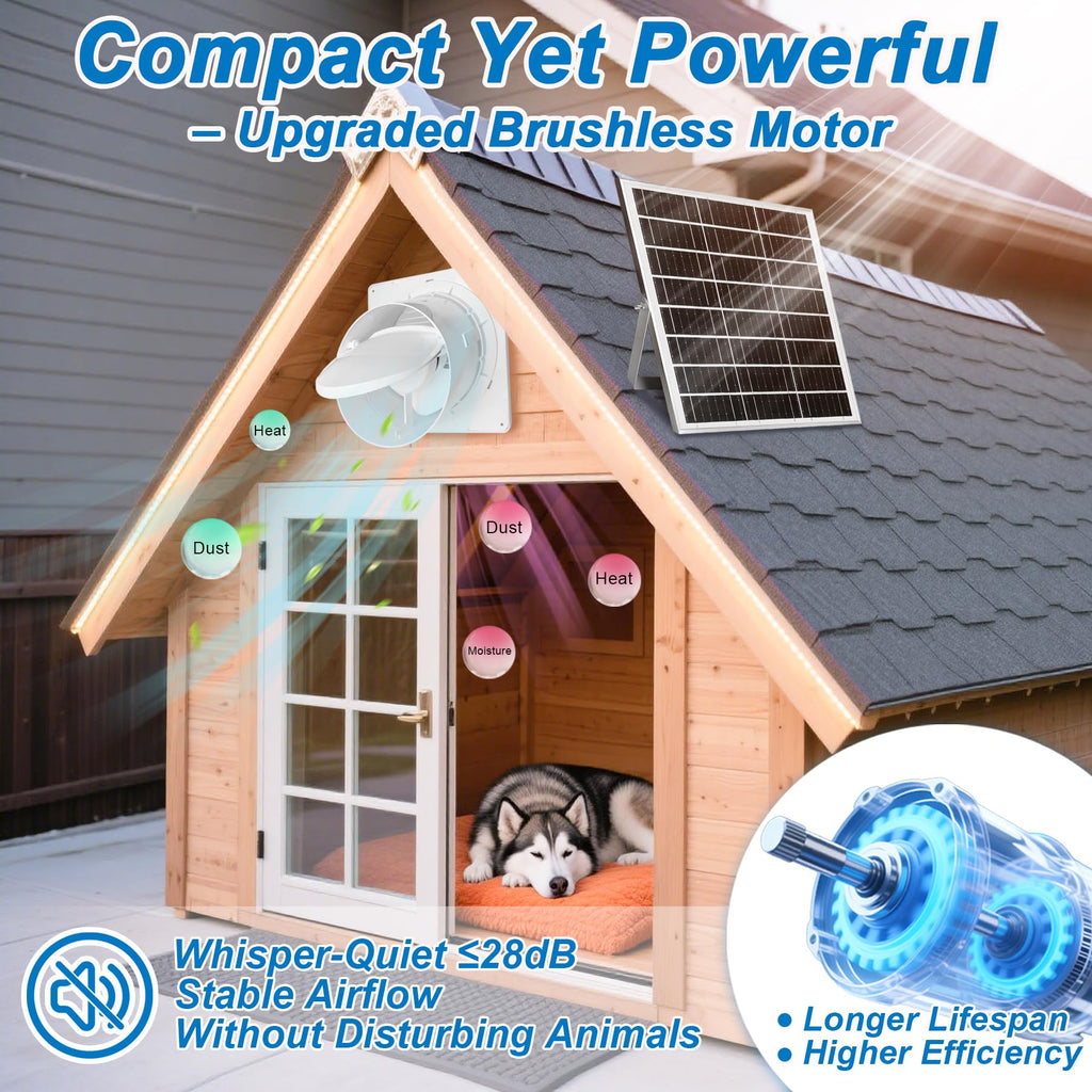 Solar Exhaust Fan with Power Adapter, 6 Inch Solar Powered Exhaust Ventilation Fan, Quiet Brushless Solar Vent Fan with 25W Solar Panel, Anti‑Backflow Valve for Chicken Coop, Shed, Greenhouse