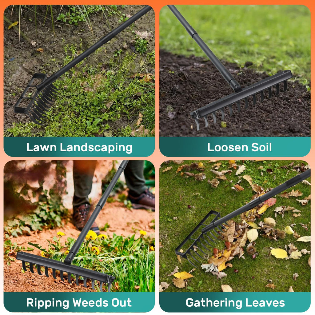 Stirrup Hoe with 76.8" Adjustable Long Handle Weed Puller Heavy Duty Garden Hoe with 12 Tines Rake 2-in-1 Gardening Tool for Loosening Soil, Gathering Leaves, Weeding
