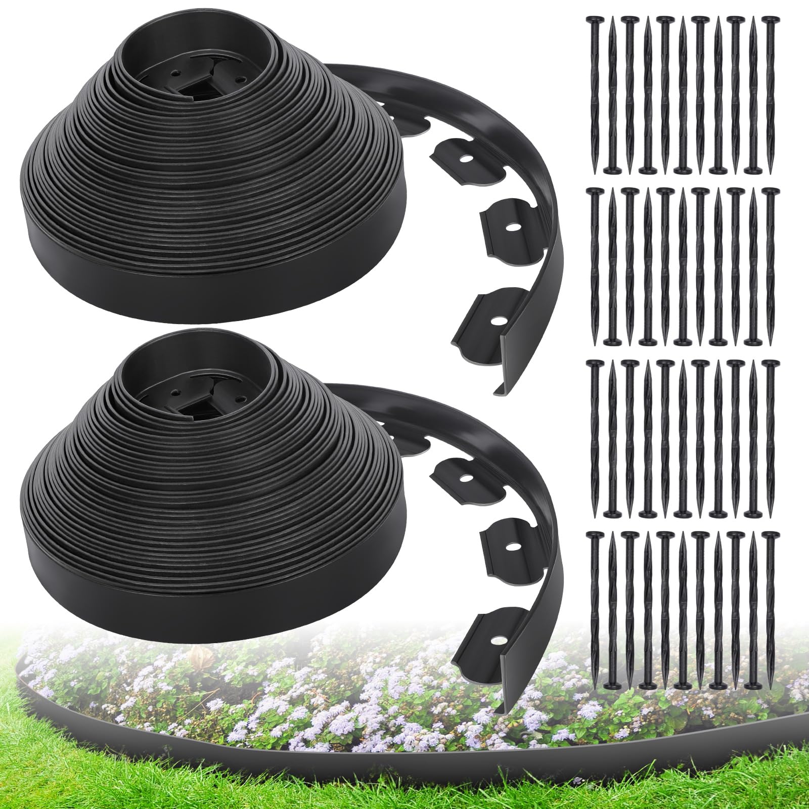 2IN x 100FT Landscape Edging Border with 150 Spikes, Plastic Edging for Landscaping, No Dig Garden Border Edging Kit for Flower Beds, Lawn, Yard, Paver Pathway