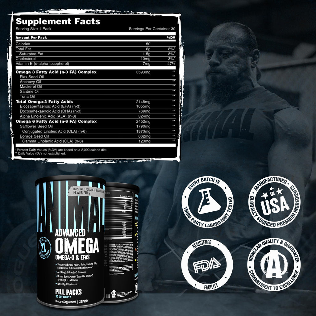 Animal Advanced Omega 3 Fatty Acids - 3500mg EPA DHA Fish Oil Omega 3 Supplement for Women & Men High Potency Blend with CLA GLA ALA for Brain Skin Eye Immune Joint Health 30 Pill Packs