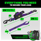 Rhino USA Retractable Ratchet Straps (2-Pack) - 1 Inch x 10 Feet (1,209lb Break Strength) - Auto Self Retracting Tie Down Straps for Truck, Cargo Trailer, Motorcycle, ATV, UTV - Purple