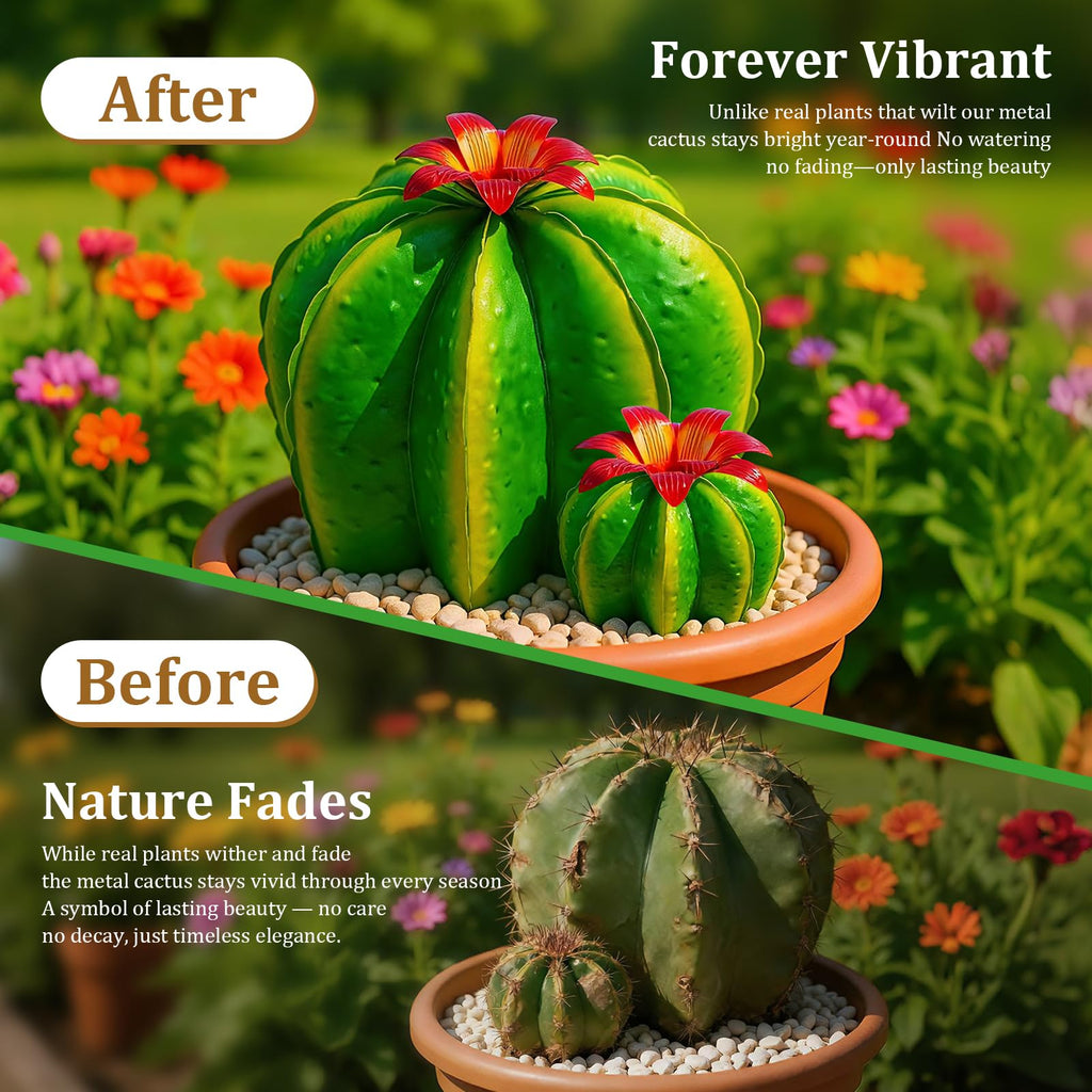 inihpocv 4-Piece Metal Barrel Cactus Yard Art Set